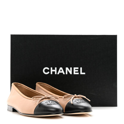 Chanel Lambskin Cap Toe CC Ballerina Flats 37 Dark Beige Black 9 of 9