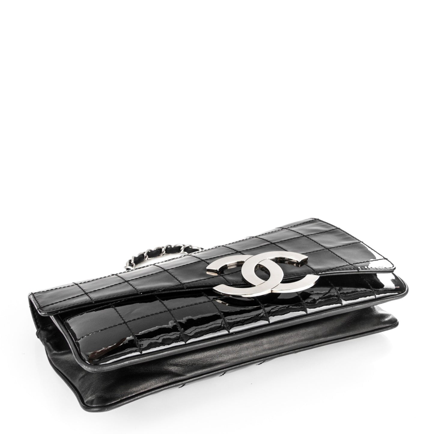Patent Square Stitched CC Flap Clutch Black