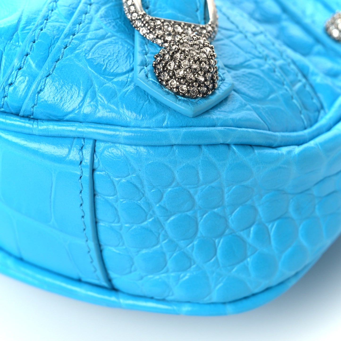 Extra Supple Calfskin Crocodile Embossed Crystal Mini Le Cagole Purse With Chain Cyan