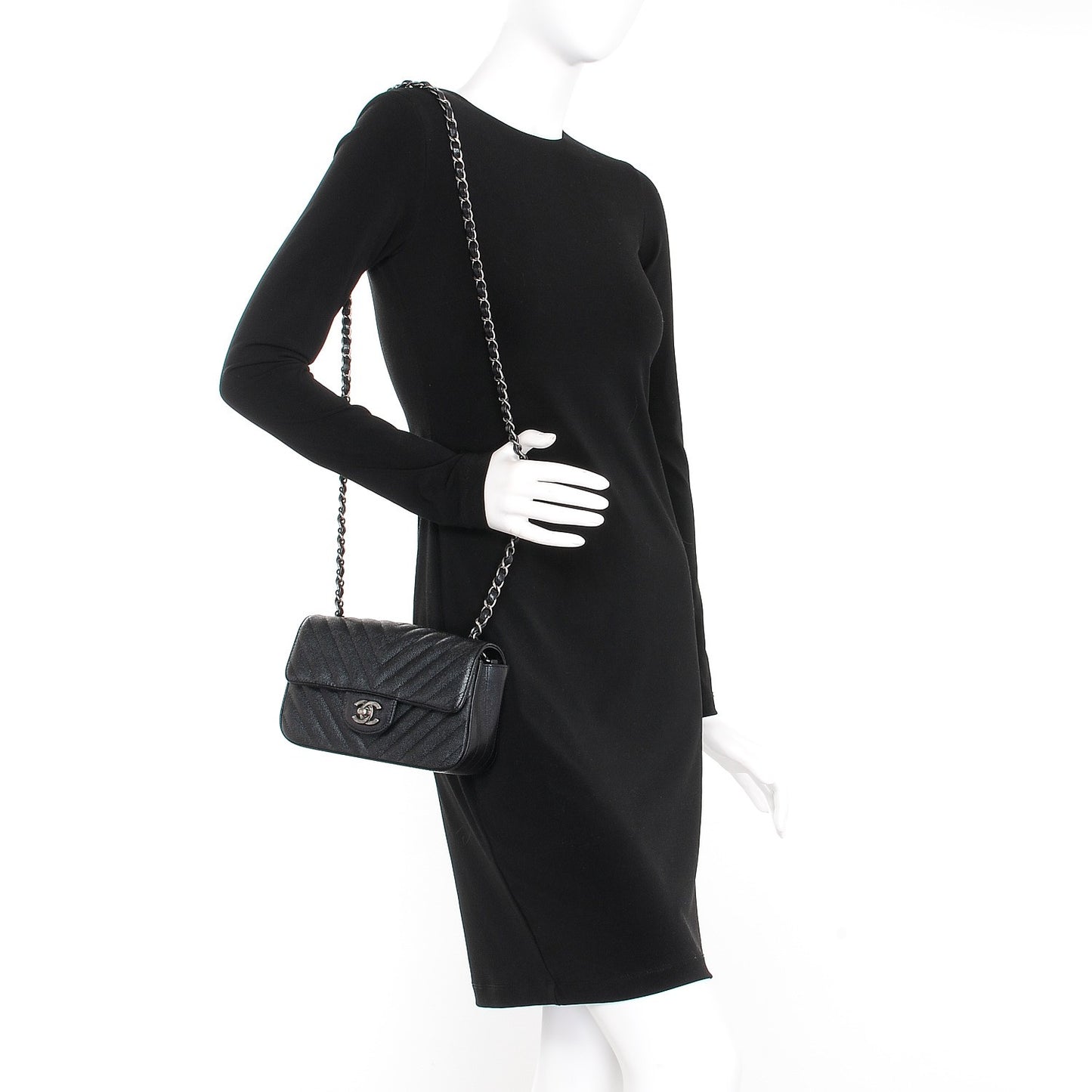 Iridescent Caviar Chevron Quilted Mini Rectangular Flap Black