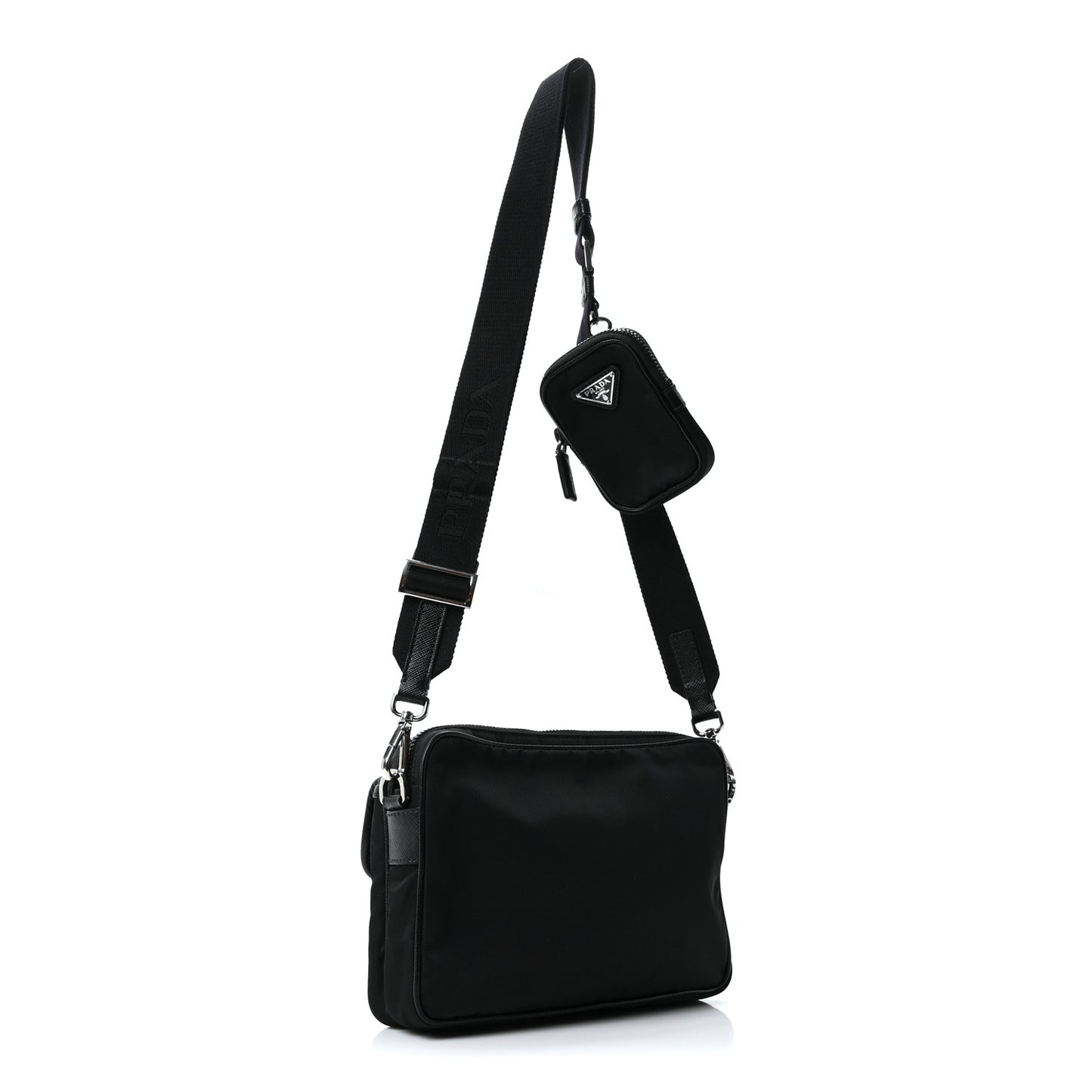 Re-Nylon Saffiano Pocket Single Snap Buckle Shoulder Bag Black