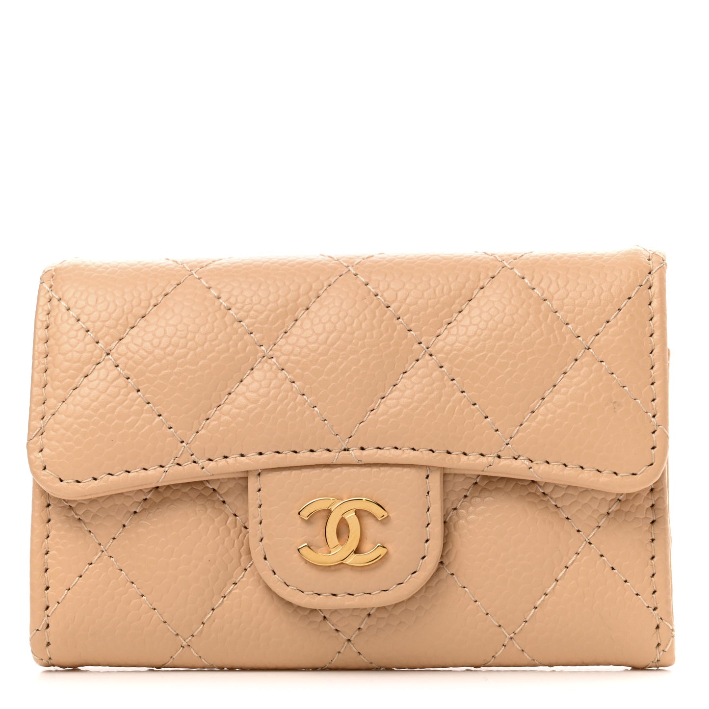 Caviar Quilted Flap Card Holder Wallet Beige