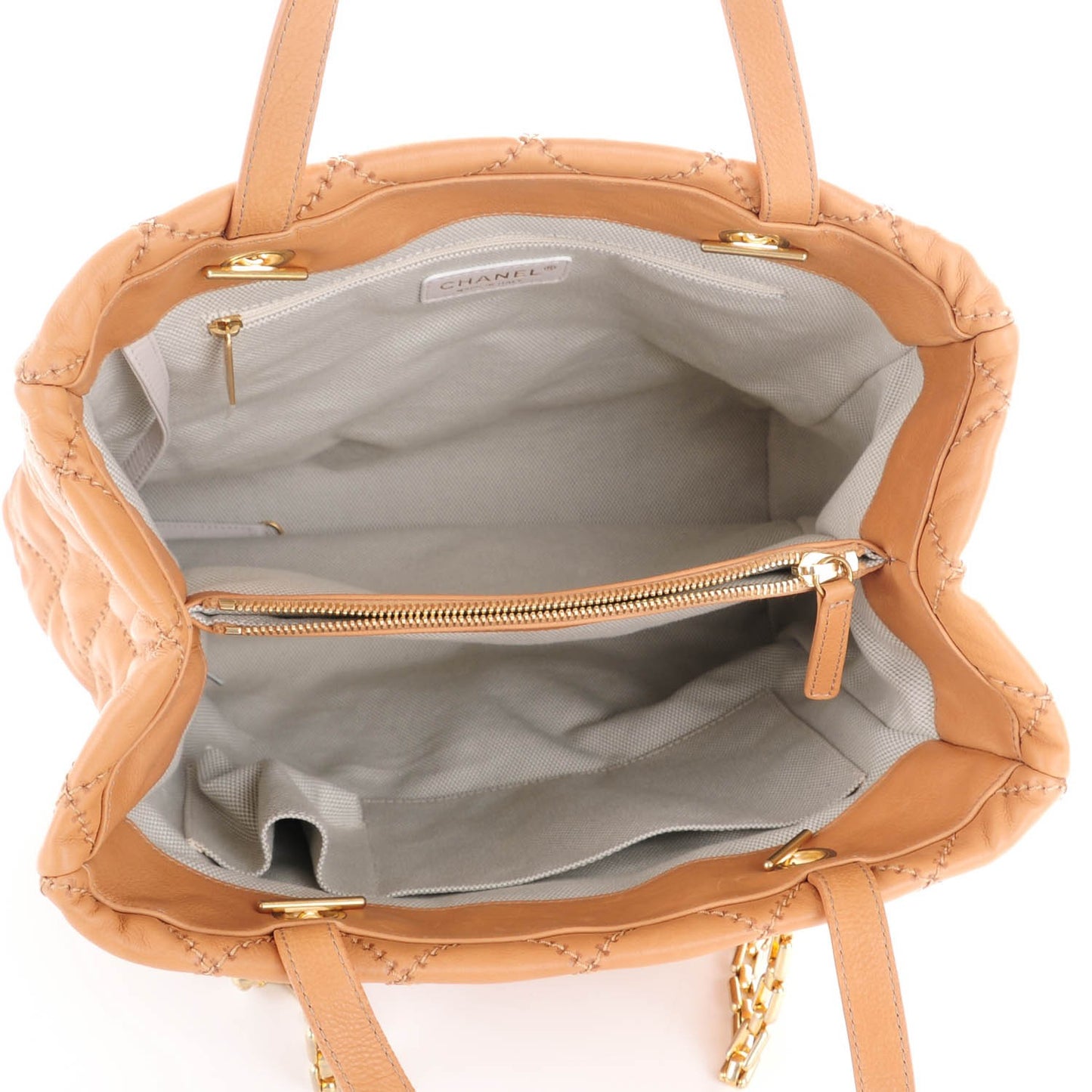 Calfskin Quilted Large Retro Chain Tote Dark Beige