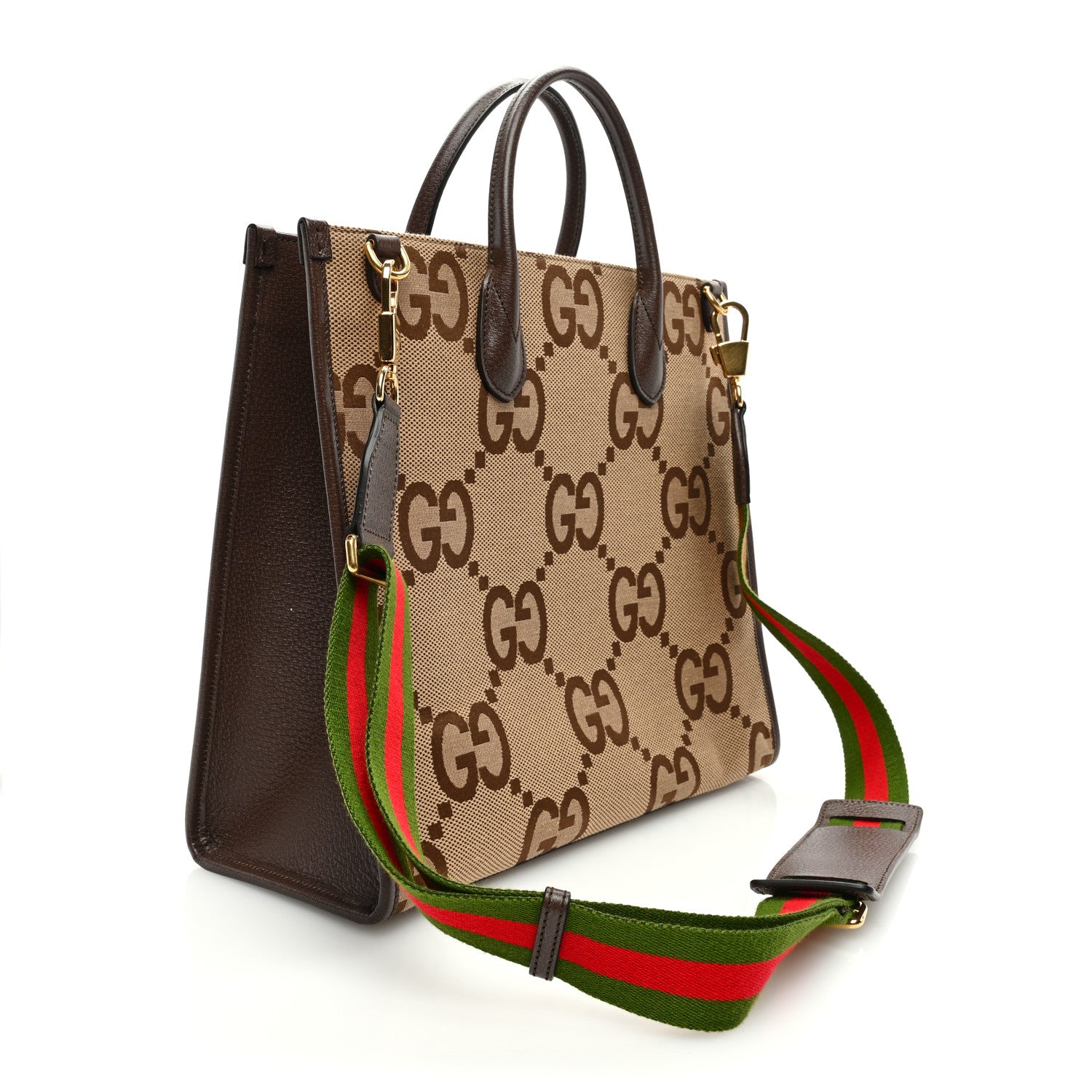 Gucci Monogram Jumbo GG Textured Dollar Calfskin Web Tote Bag Camel Ebony New Acero 2 of 10