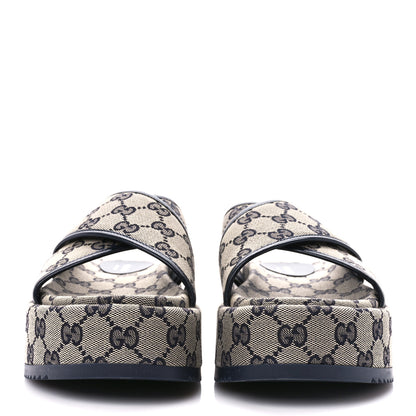 Gucci Monogram Criss Cross Platform Slide Sandals 37 Beige Blue 2 of 9