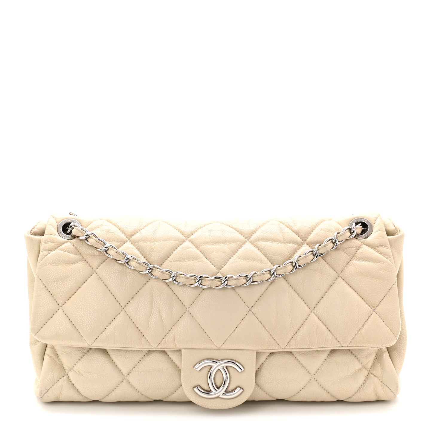 Glazed Caviar Medium Nature Flap Bag White