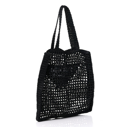 Prada Yarn Raffia Effect Crochet Logo Embroidered Tote Bag Black 3 of 8