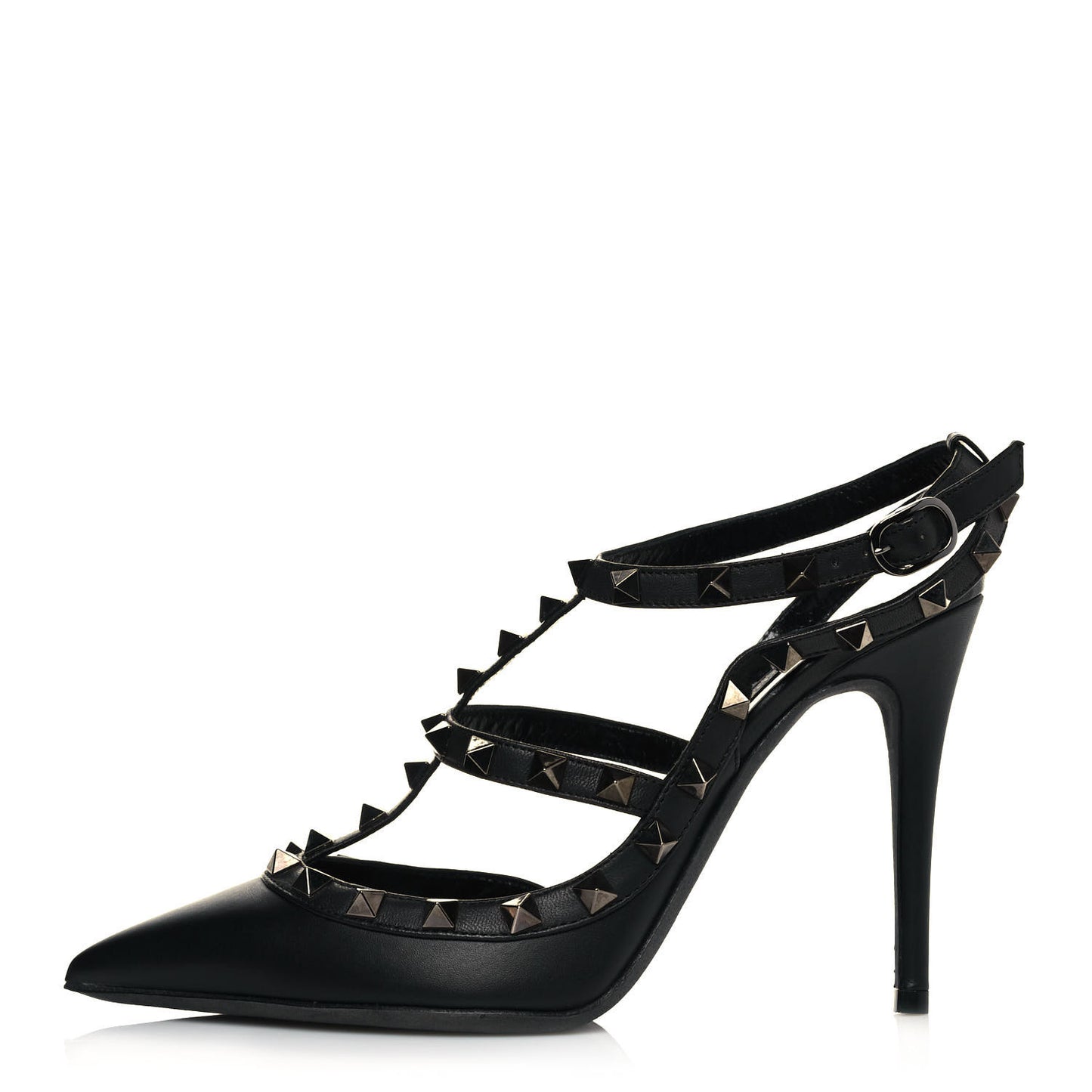 Calfskin Nappa Rockstud Ankle Strap 100mm Pumps 37.5 Black
