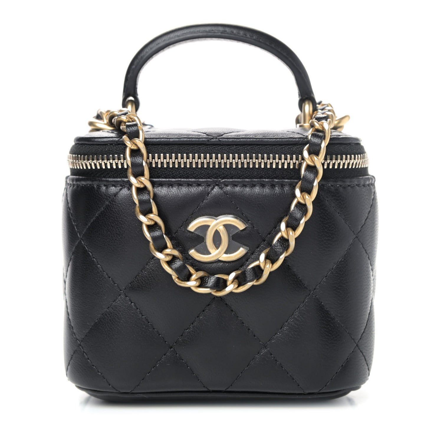 Lambskin Quilted Top Handle Mini Vanity Case With Chain Black