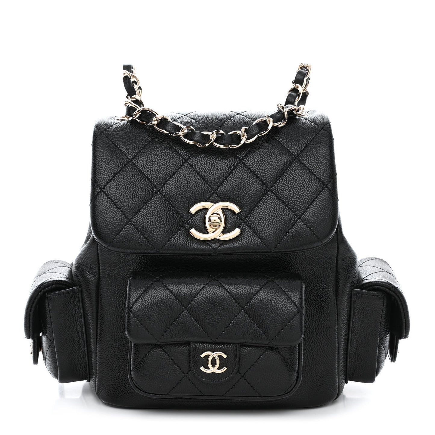 Shiny Caviar Quilted Small Pockets Drawstring Backpack Black