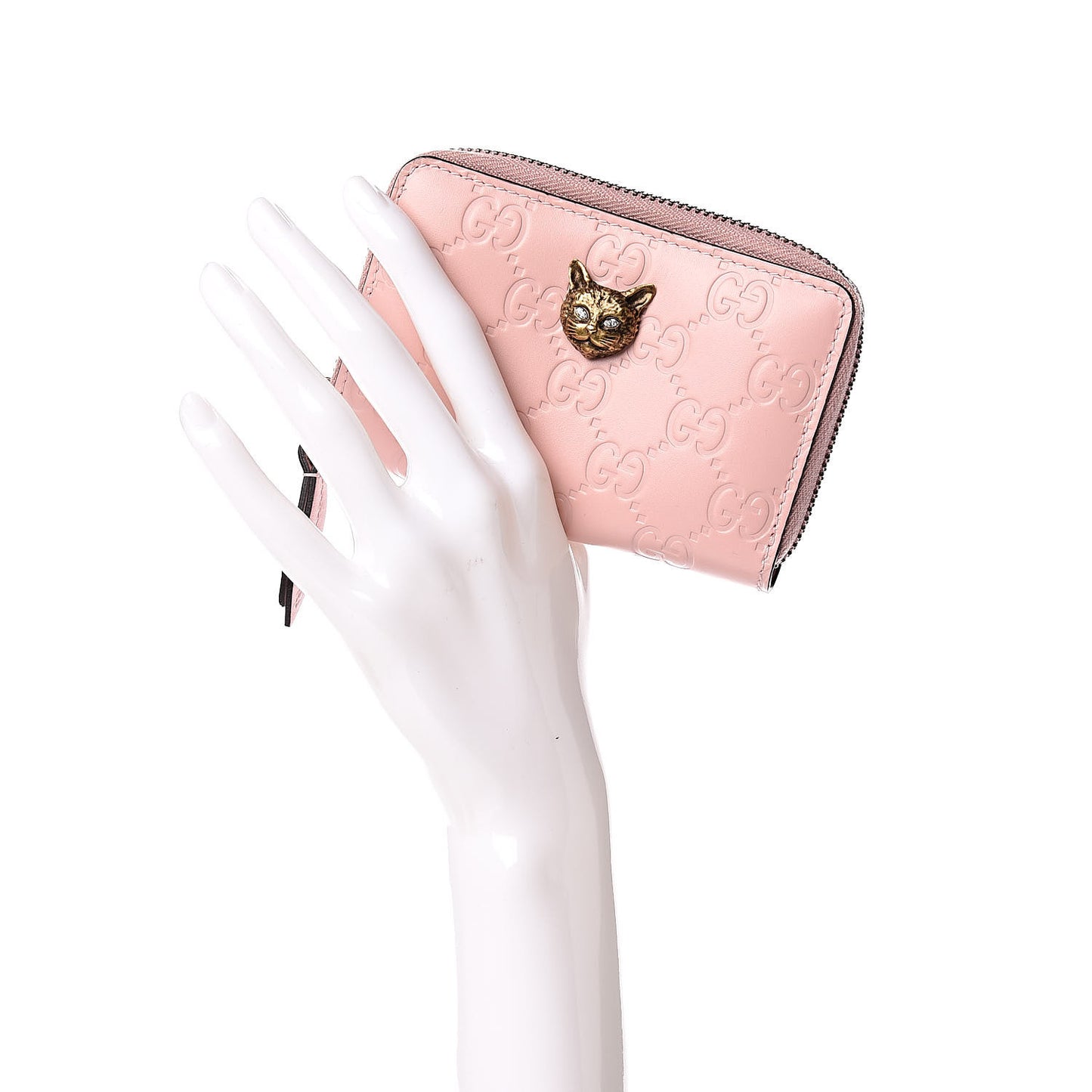 Guccissima Signature Crystal Cat Zip Around Card Case Light Candy Pink