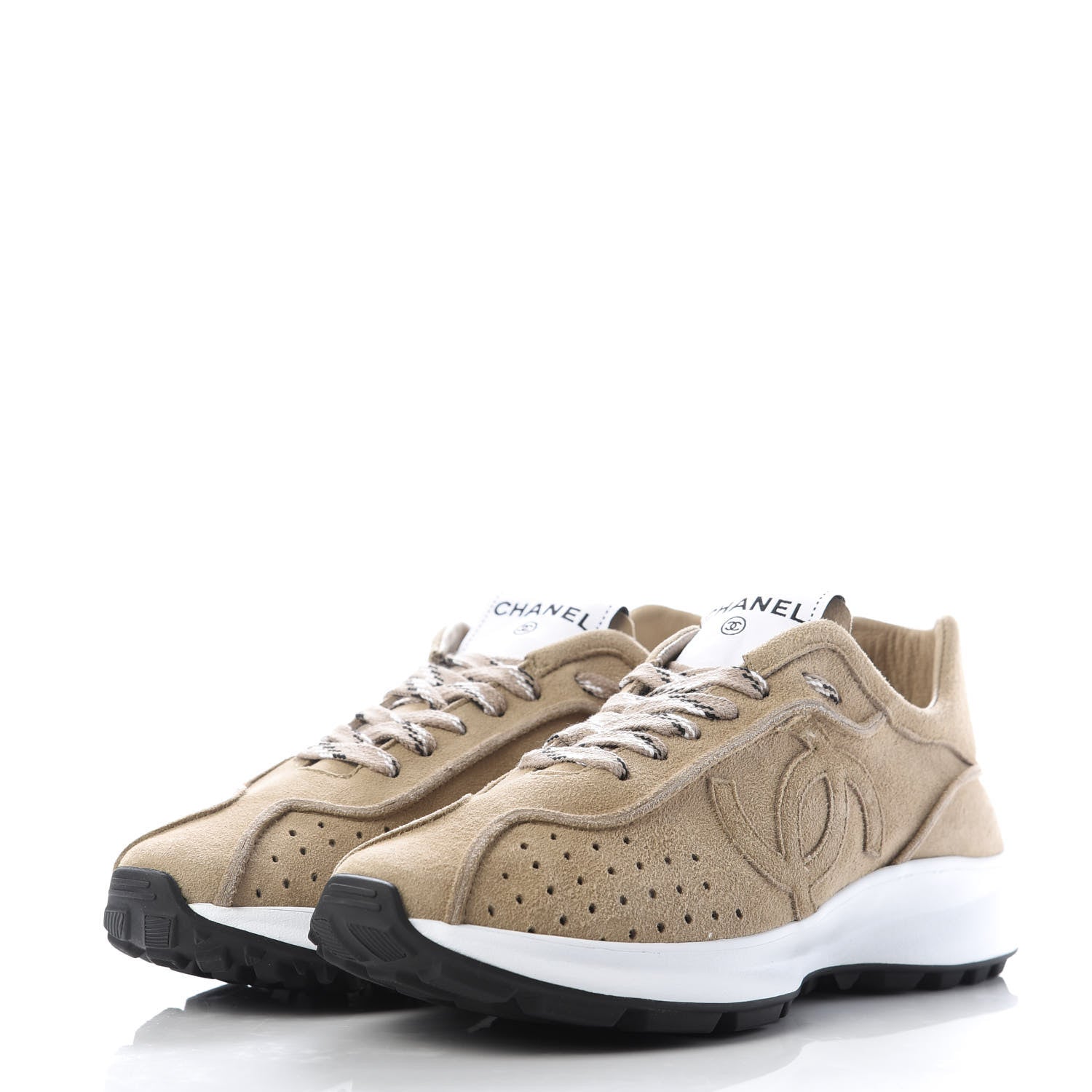 Chanel Goatskin Suede CC Sneakers 36.5 Beige 3 of 10