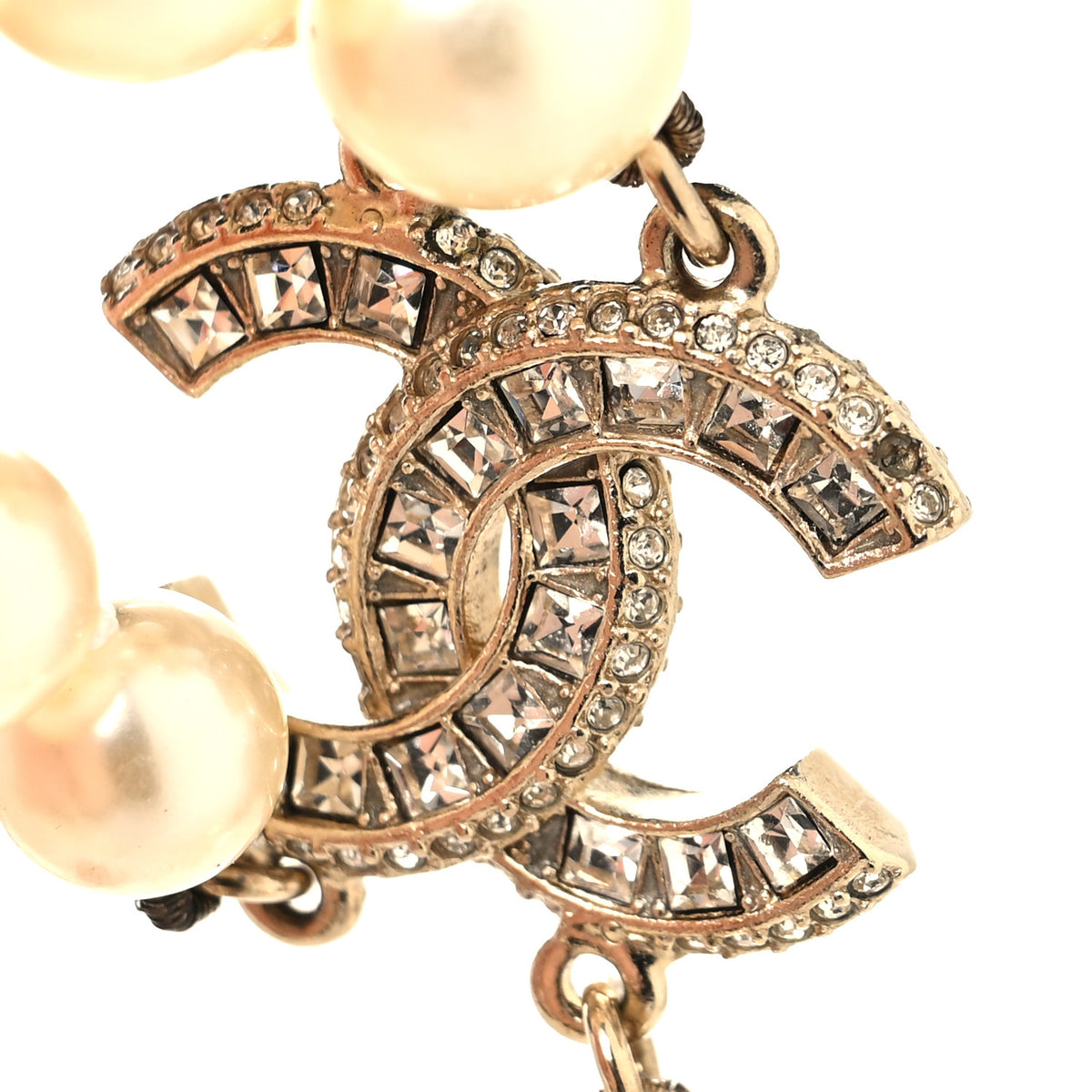 Baguette Crystal Pearl CC Double Strand Necklace Gold