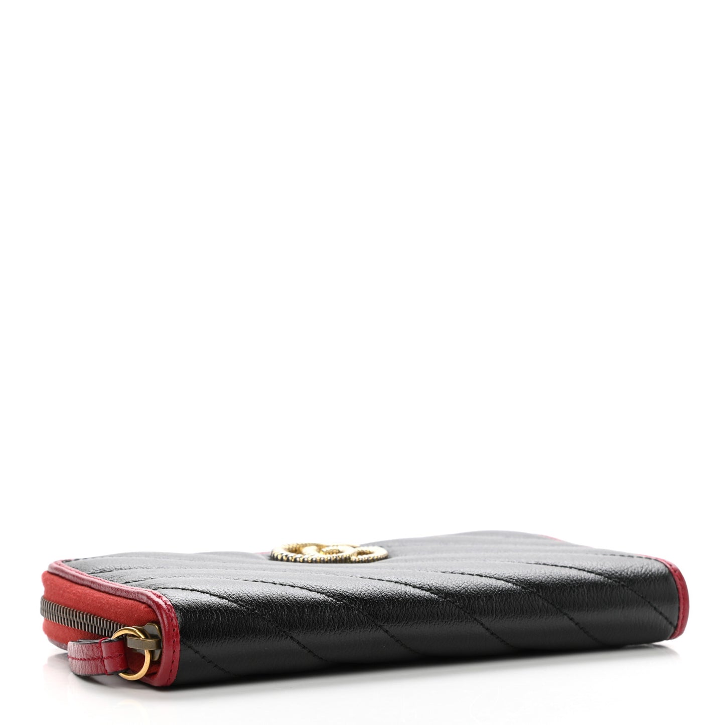 Vintage Effect Calfskin Matelasse Diagonal Torchon GG Marmont Zip Around Wallet Black Romantic Cherry
