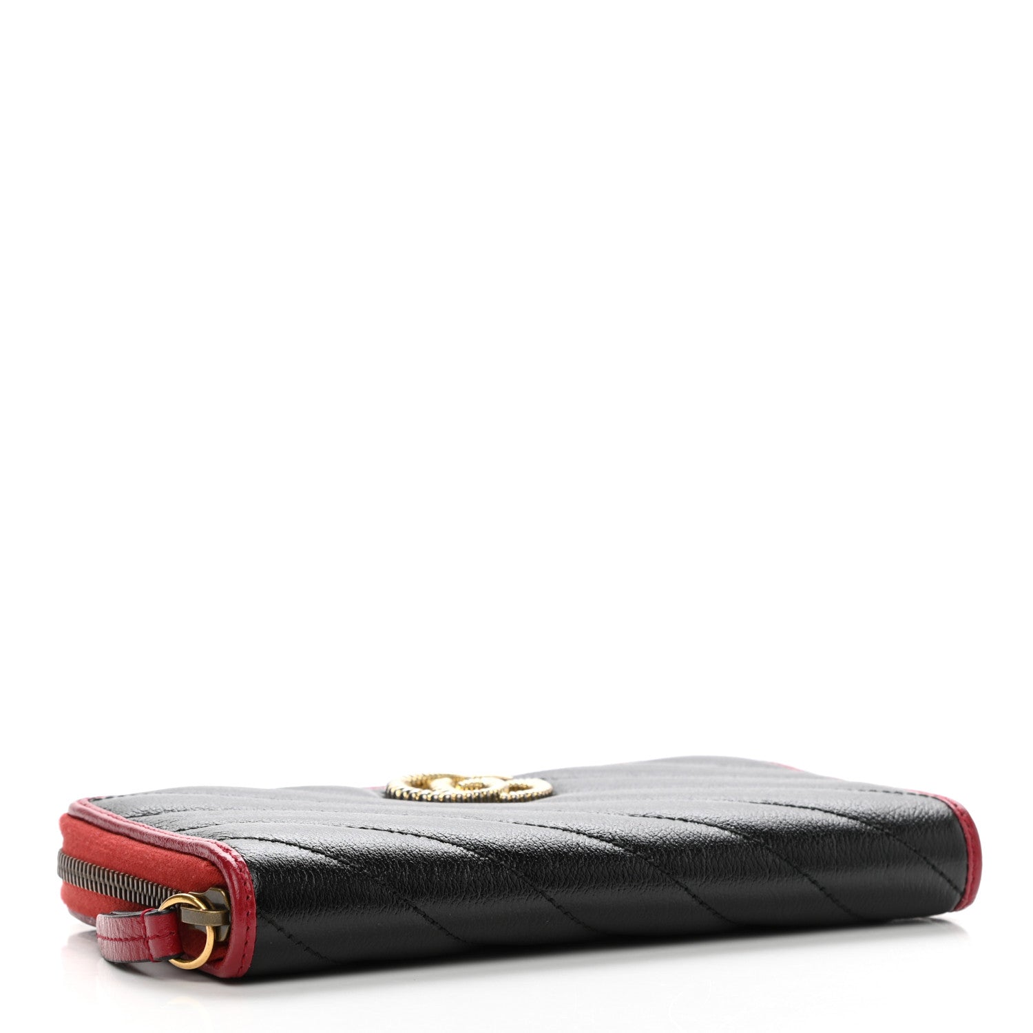 Gucci Vintage Effect Calfskin Matelasse Diagonal Torchon GG Marmont Zip Around Wallet Black Romantic Cherry 4 of 8
