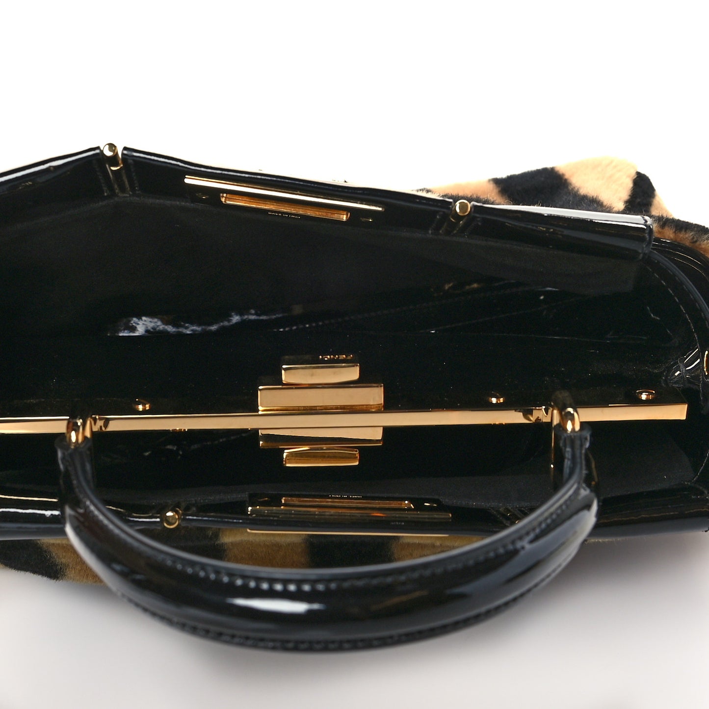 Shearling Vitello Vernice Mou Pequin Striped Medium Peekaboo Iconic Satchel Tobacco Black