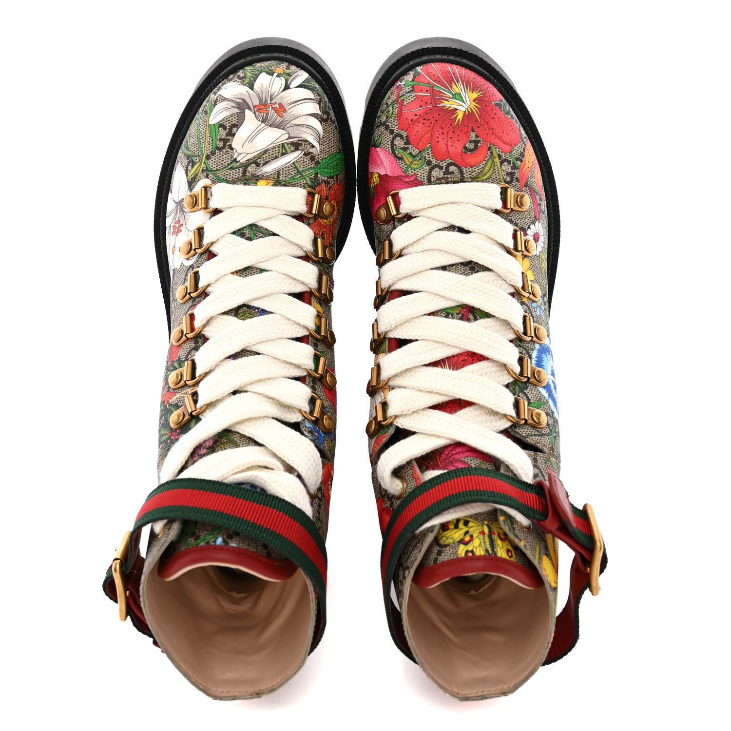 Gucci GG Supreme Monogram Flora Lace Up Combat Ankle Boots 36 Beige Multicolor Red 2 of 9