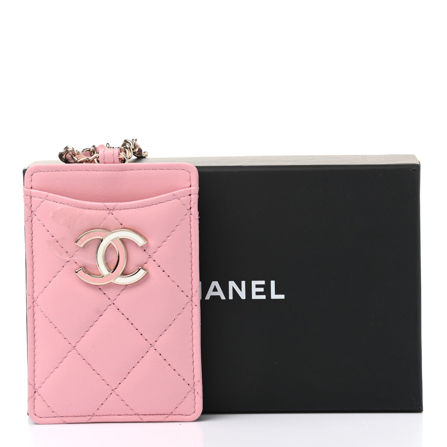 Lambskin Quilted Chanel Card Holder On Chain Pink