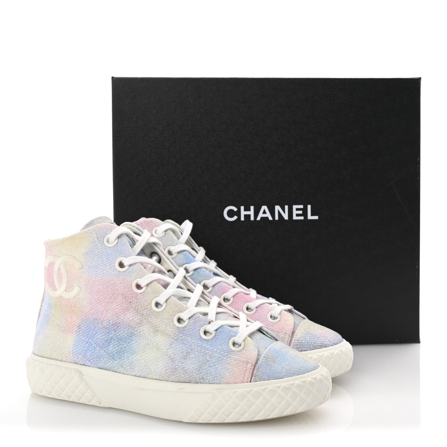Chanel Printed Fabric Quilted High Top Sneakers 37 Green Pink Blue White 10 of 10
