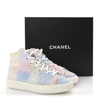Chanel Printed Fabric Quilted High Top Sneakers 37 Green Pink Blue White 10 of 10
