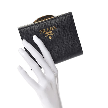 Prada Saffiano Metal Compact Pushlock Wallet Black 2 of 10