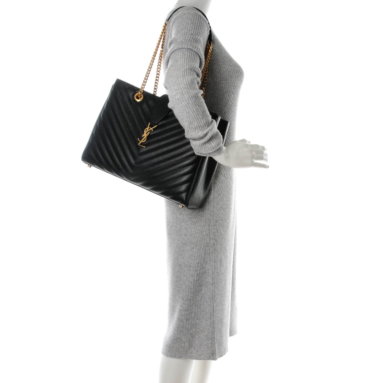 Saint Laurent Grain de Poudre Matelasse Chevron Monogram Shopping Bag Black 2 of 8