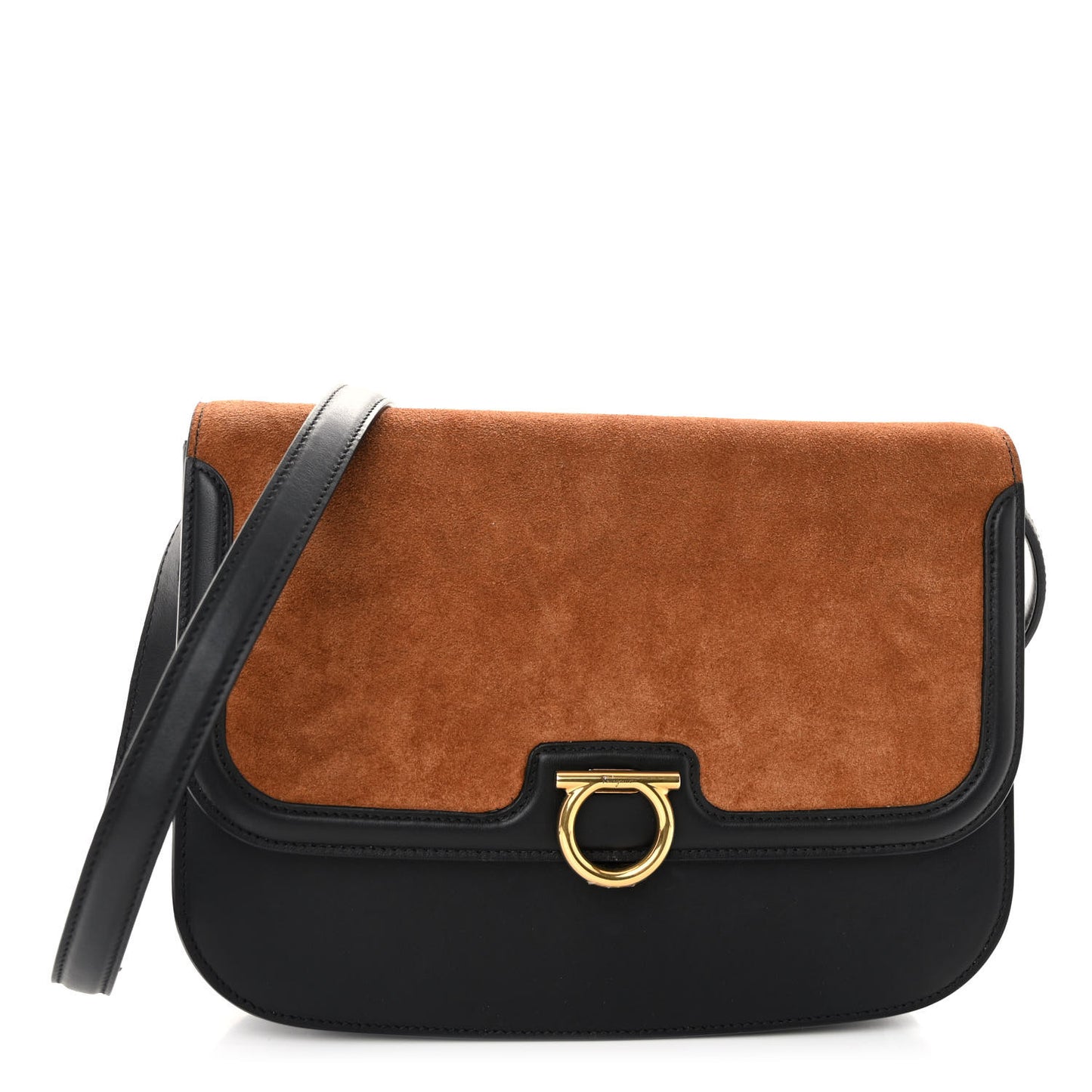 Calfskin Suede Gancini Rounded Satchel Black Tan