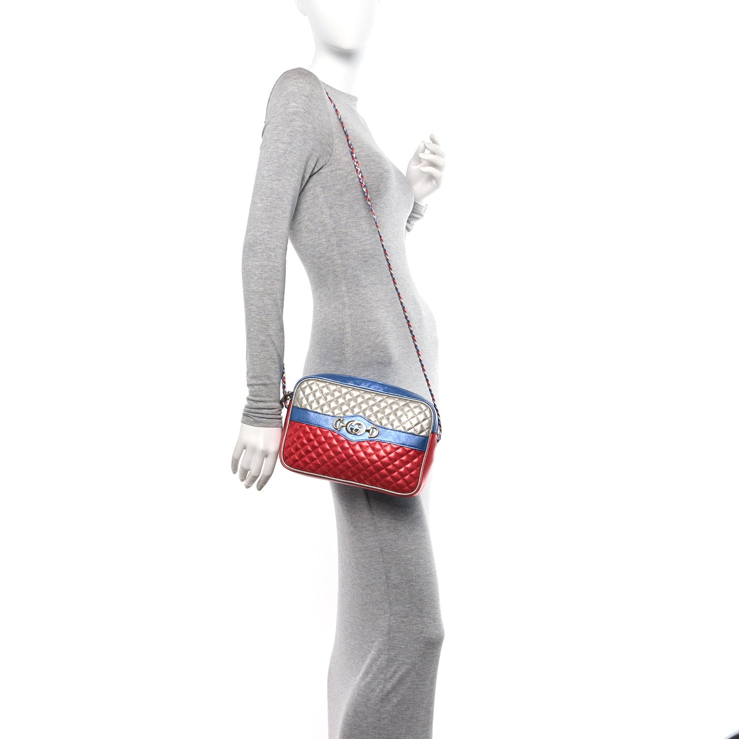 Gucci Laminated Nappa Trapuntata Small Zumi Shoulder Bag Rosso Marine Argento 2 of 11