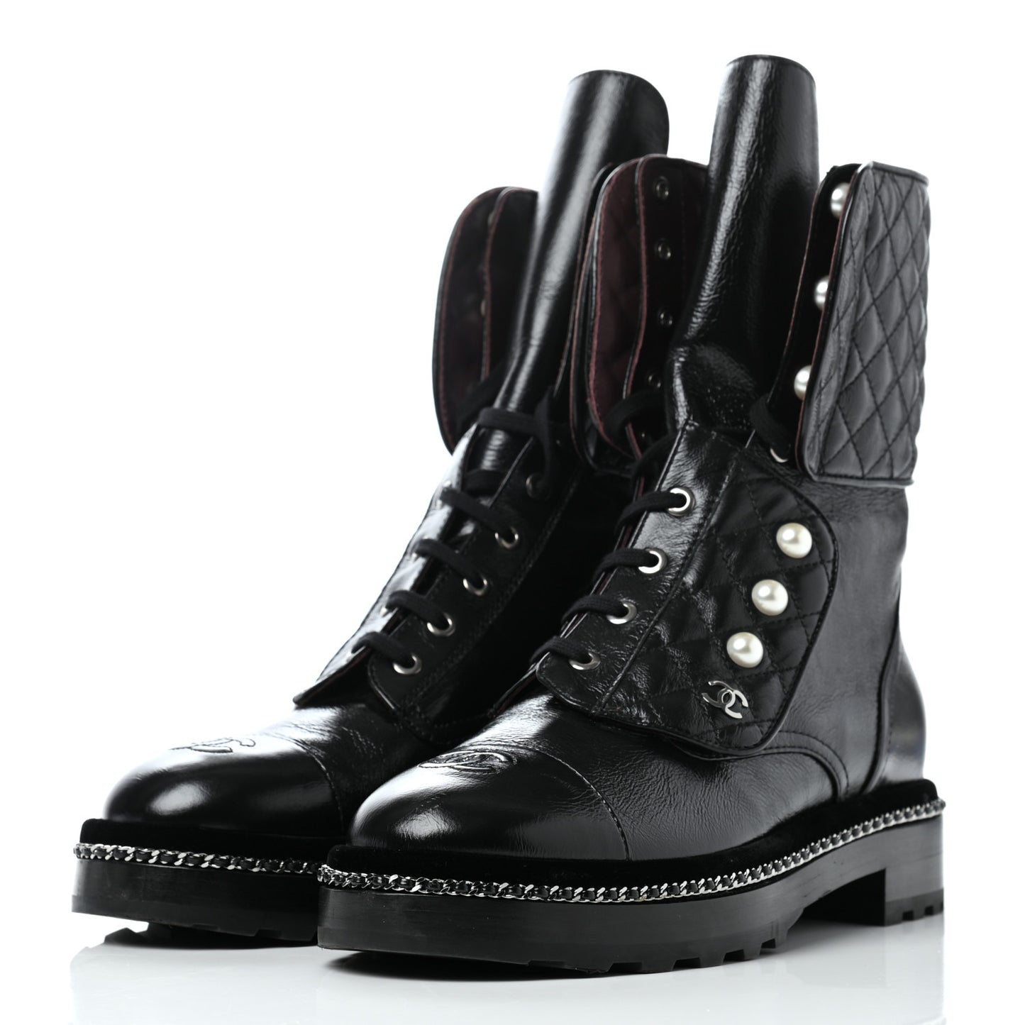 Crackled Calfskin Velvet Pearl Combat Ankle Boots 39.5 Black