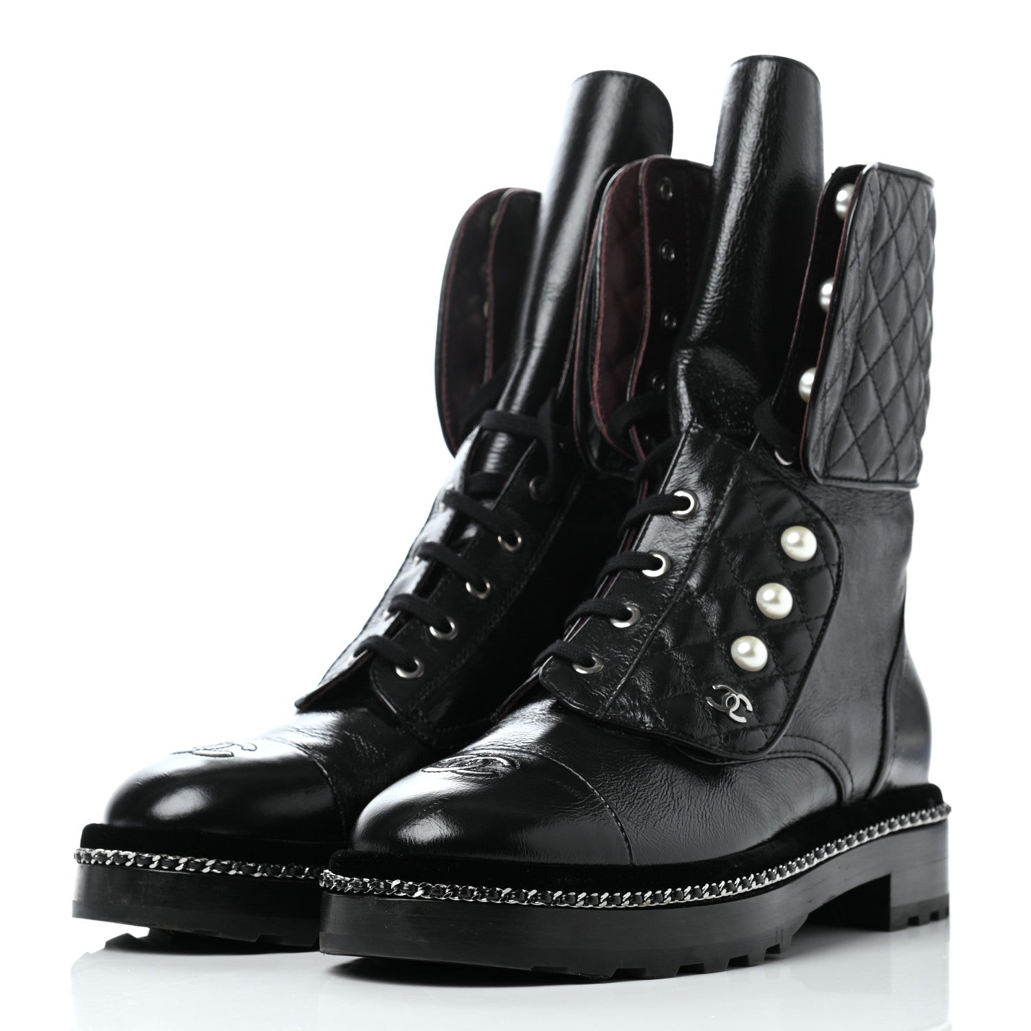 Chanel Crackled Calfskin Velvet Pearl Combat Ankle Boots 39.5 Black 3 of 11