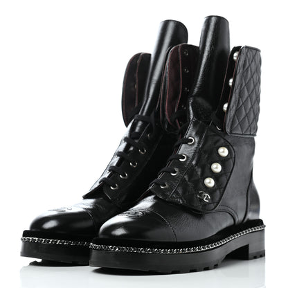 Chanel Crackled Calfskin Velvet Pearl Combat Ankle Boots 39.5 Black 3 of 11