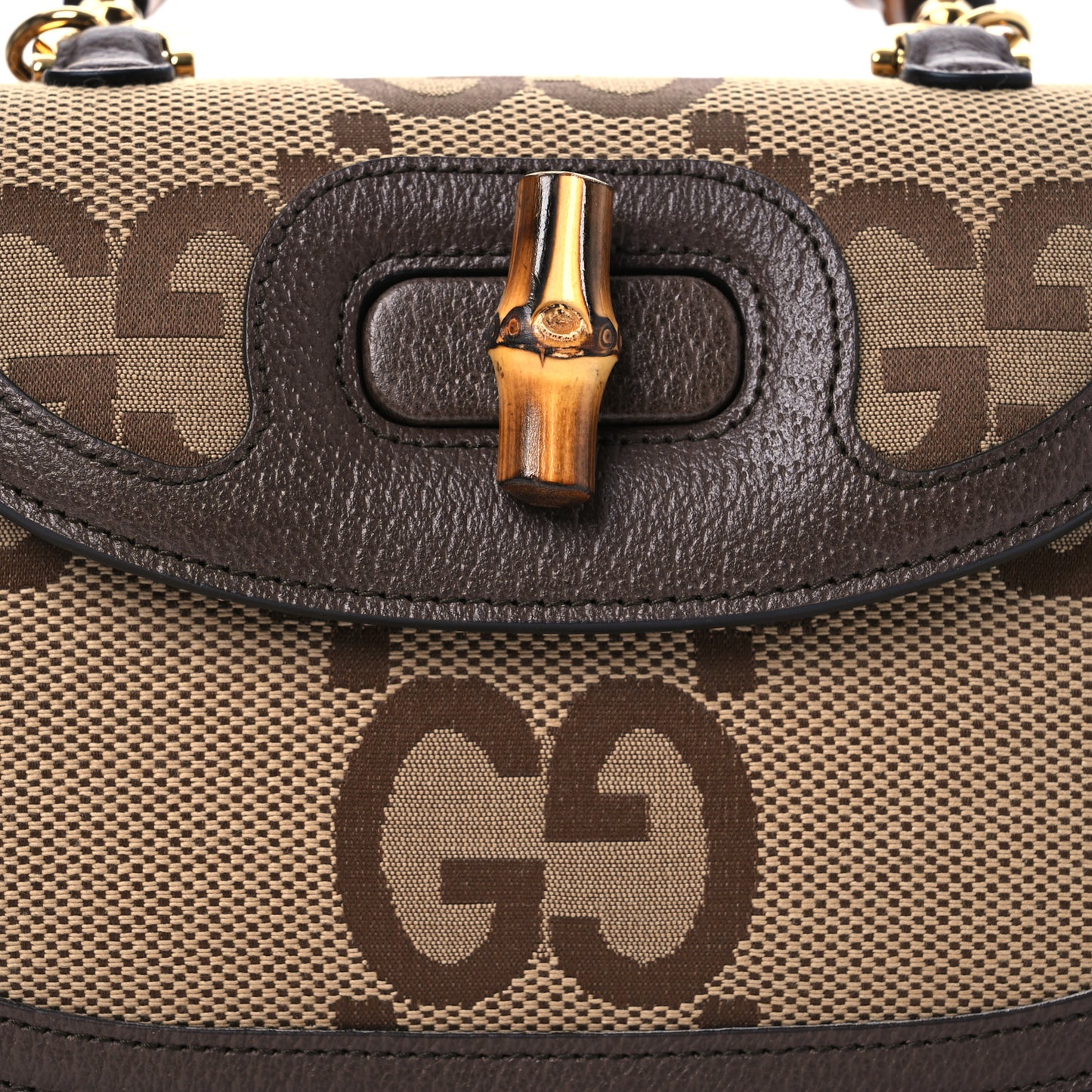 Monogram Jumbo GG Textured Dollar Calfskin Web Small Bamboo 1947 Top Handle Bag Camel Ebony New Acero