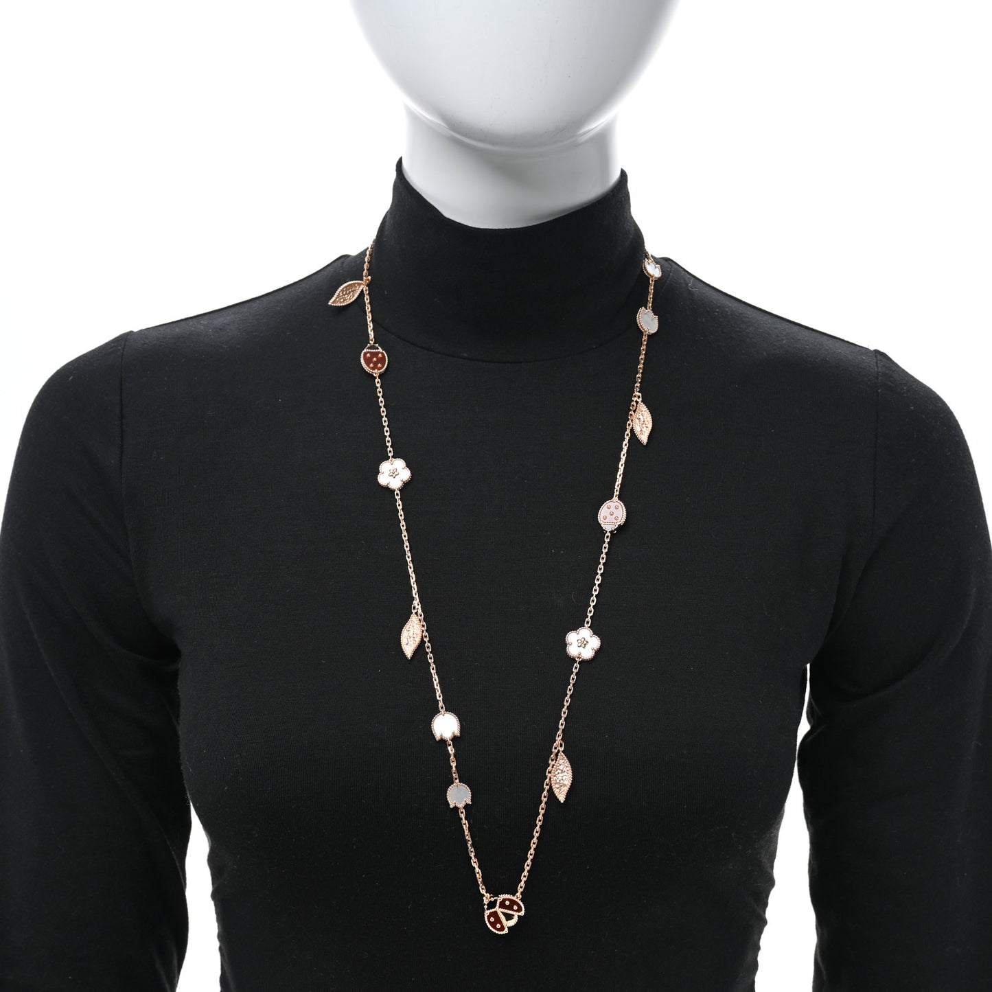 18K Rose Gold Mother of Pearl Carnelian Onyx 15 Motifs Lucky Spring Long Necklace
