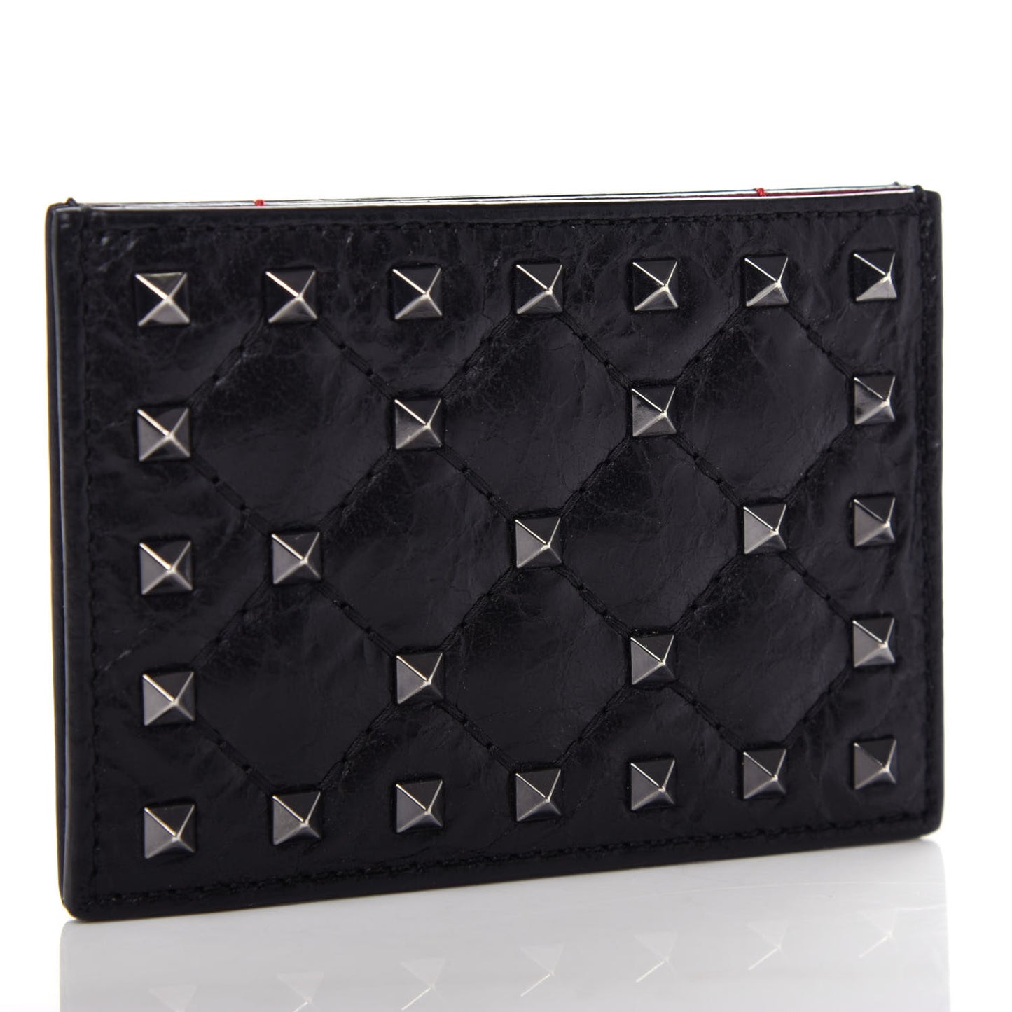 Craquele Nappa Rockstud Spike Card Holder Black