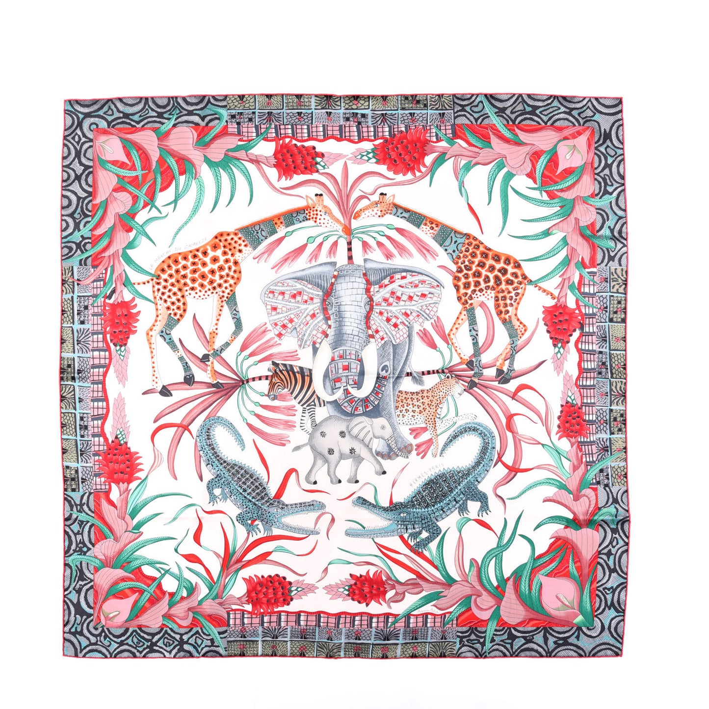 Silk La Marche Du Zambeze Scarf 90 Rose Pale Rouge Vert