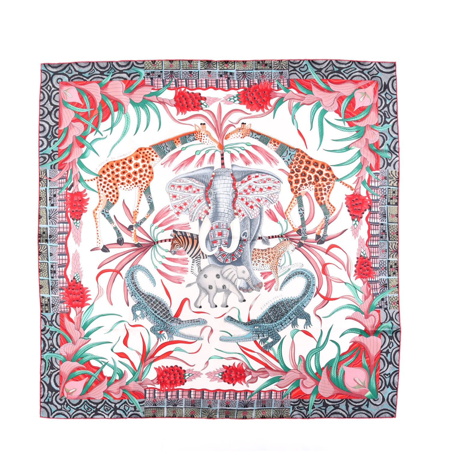 Hermes Silk La Marche Du Zambeze Scarf 90 Rose Pale Rouge Vert 1 of 6
