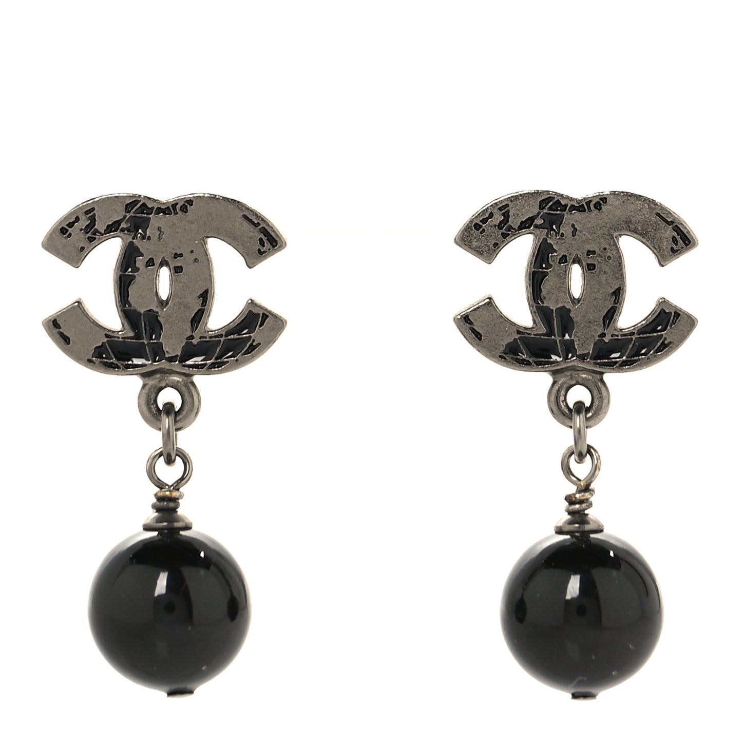 Ruthenium Pearl Bead CC Drop Earrings Black