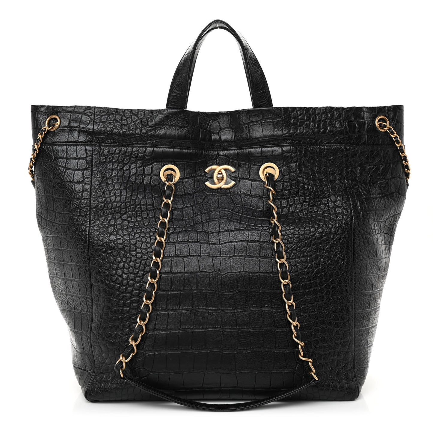 Calfskin Crocodile Embossed Large Cocodile Shopping Tote Black