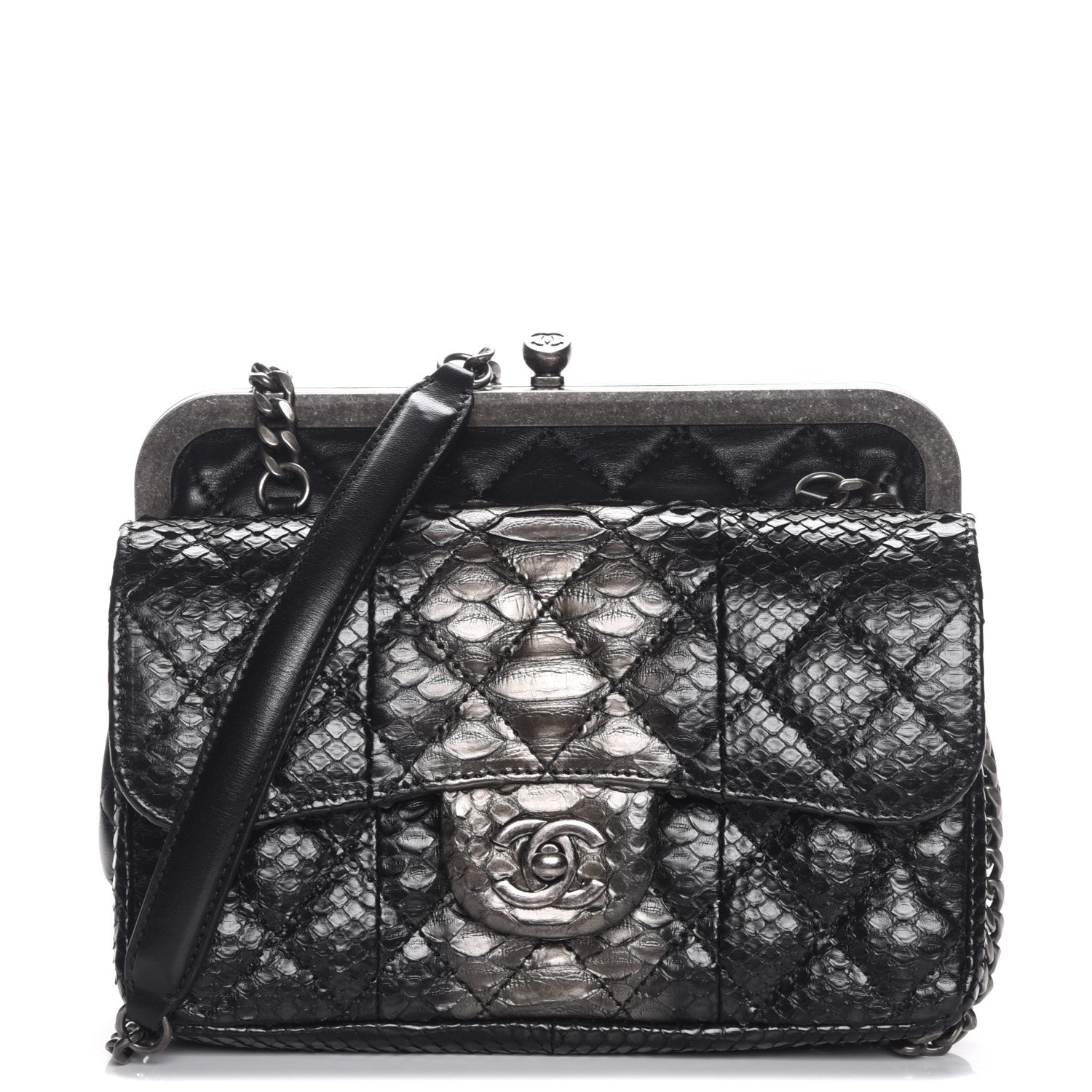 Chanel Lambskin Python Kisslock Tabatiere Clasp Flap Black 1 of 10