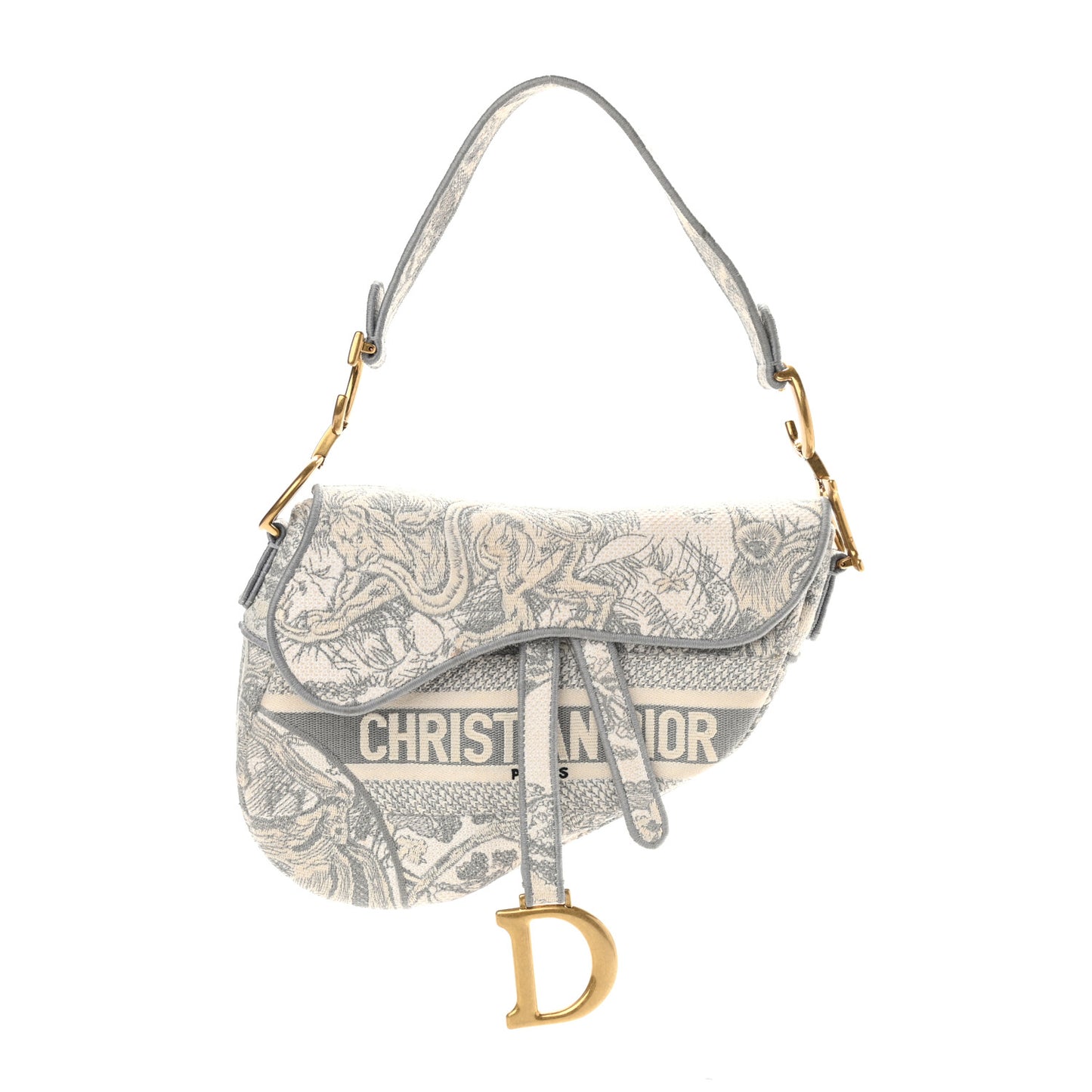 Canvas Embroidered Toile de Jouy Saddle Bag Gray