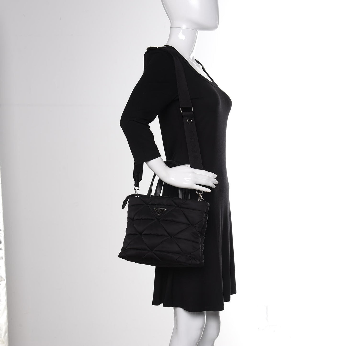 Re-Nylon Nappa Triangle Quilted Padded Double Handled Zip Pocket Tote Black
