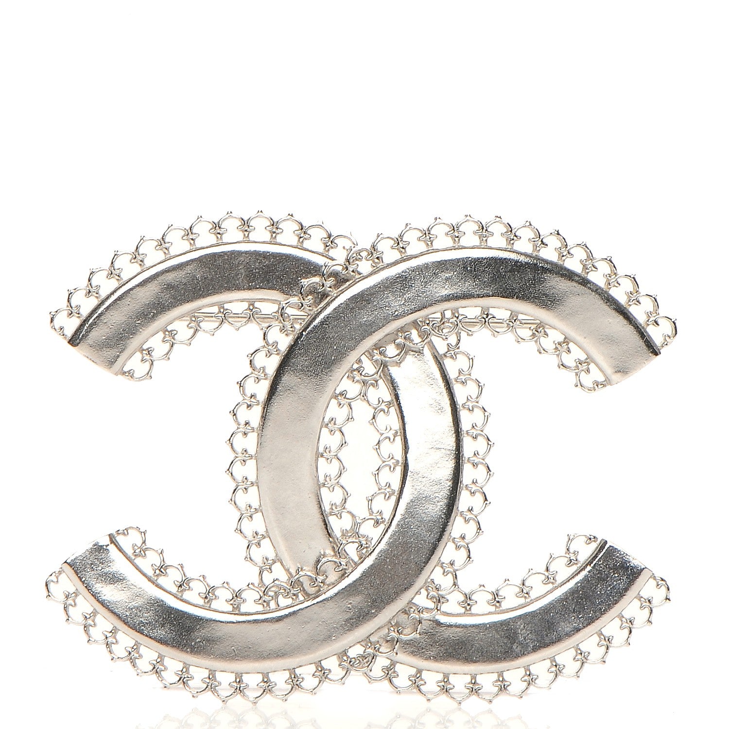 Chanel Large Scalloped CC Brooch Silver 1 of 4