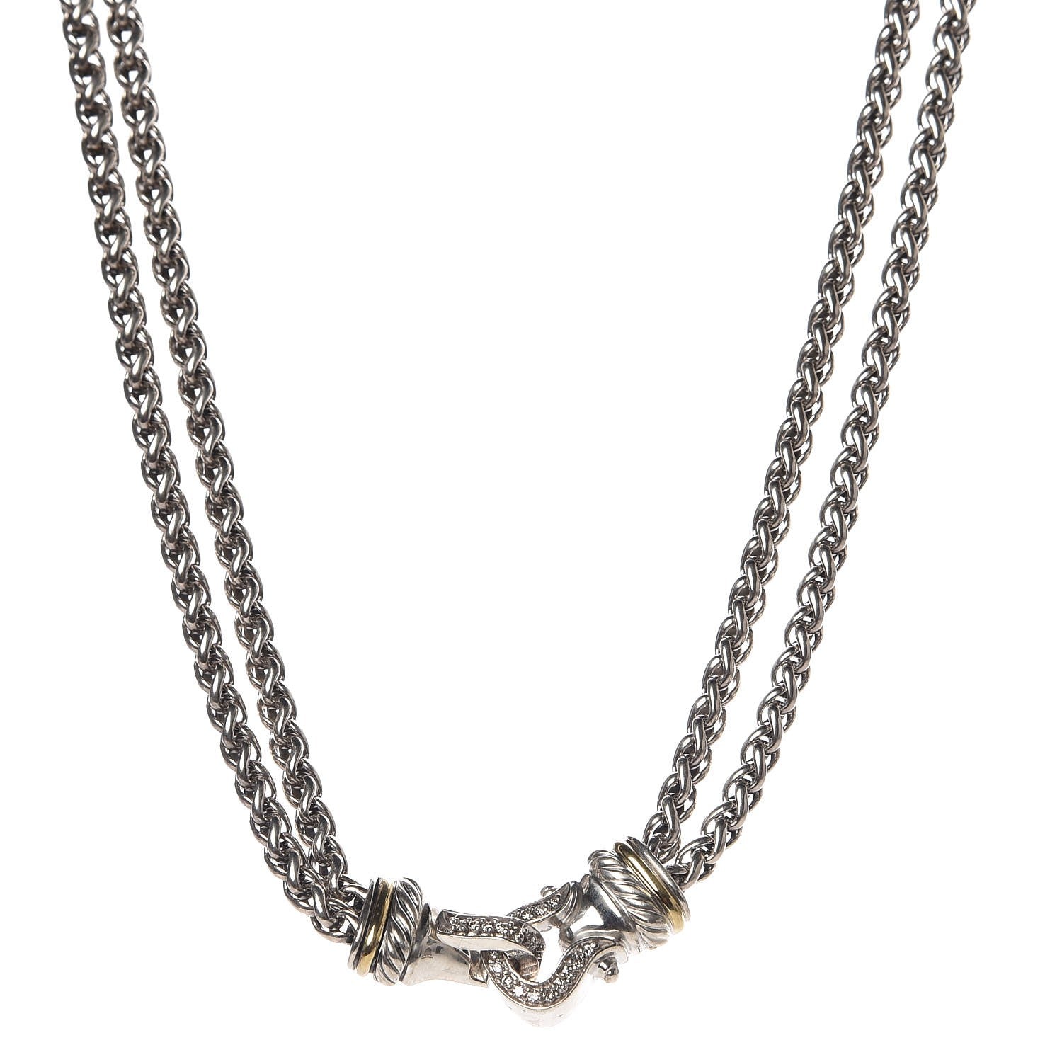 David Yurman Sterling Silver 18K Yellow Gold Diamond Double Wheat Buckle Necklace 1 of 5