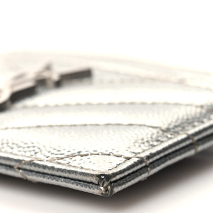 Saint Laurent Metallic Grain De Poudre Matelasse Chevron Monogram Credit Card Case Argento 9 of 10