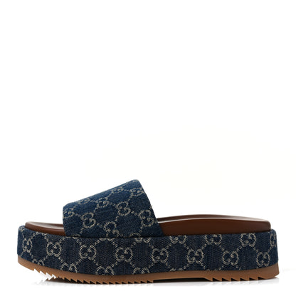 Gucci New Denim GG Monogram Angelina Platform 55mm Slide Sandals 39.5 Blue Tea 1 of 9