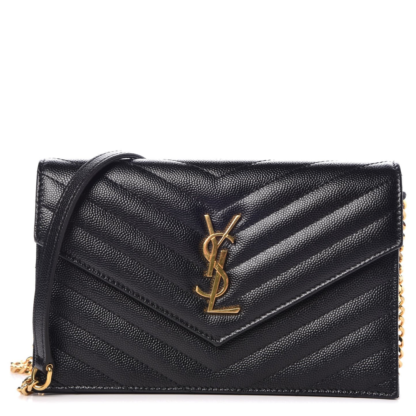 Grain De Poudre Matelasse Chevron Monogram Envelope Chain Wallet Black