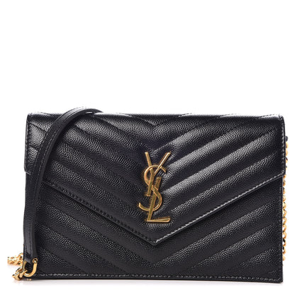 Saint Laurent Grain De Poudre Matelasse Chevron Monogram Envelope Chain Wallet Black 1 of 7
