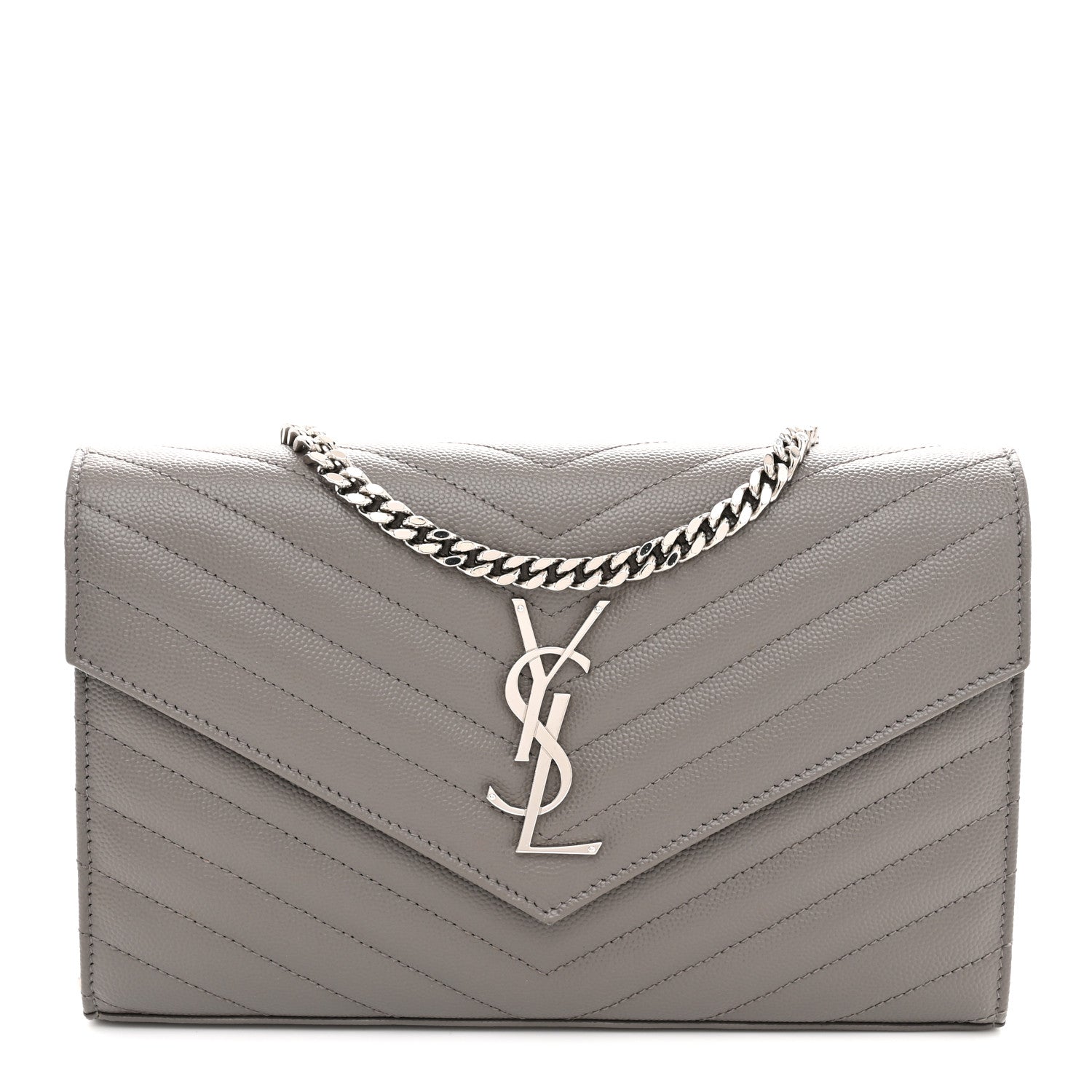 Saint Laurent Grain De Poudre Matelasse Chevron Monogram Chain Wallet Fog 1 of 11