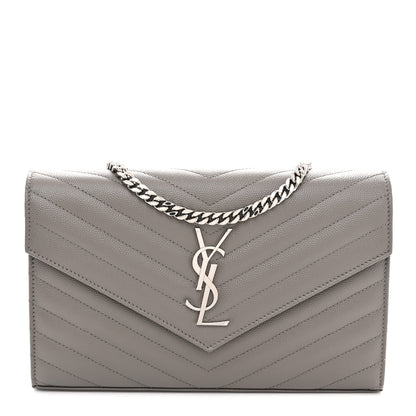 Saint Laurent Grain De Poudre Matelasse Chevron Monogram Chain Wallet Fog 1 of 11