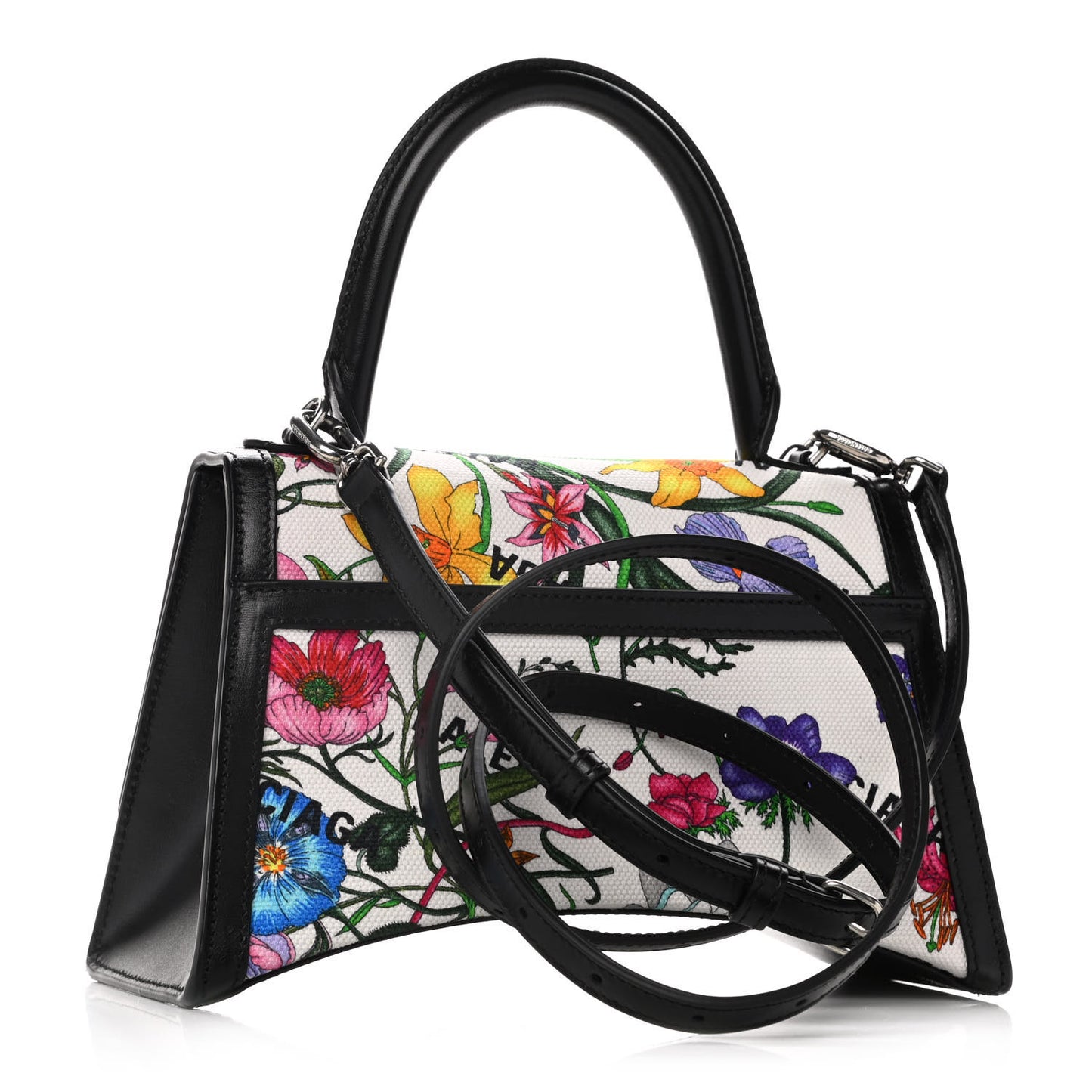 X GUCCI Canvas Boarded Plutone Calfskin Flora Logo Print Small Hourglass Top Handle Bag White Multicolor Black